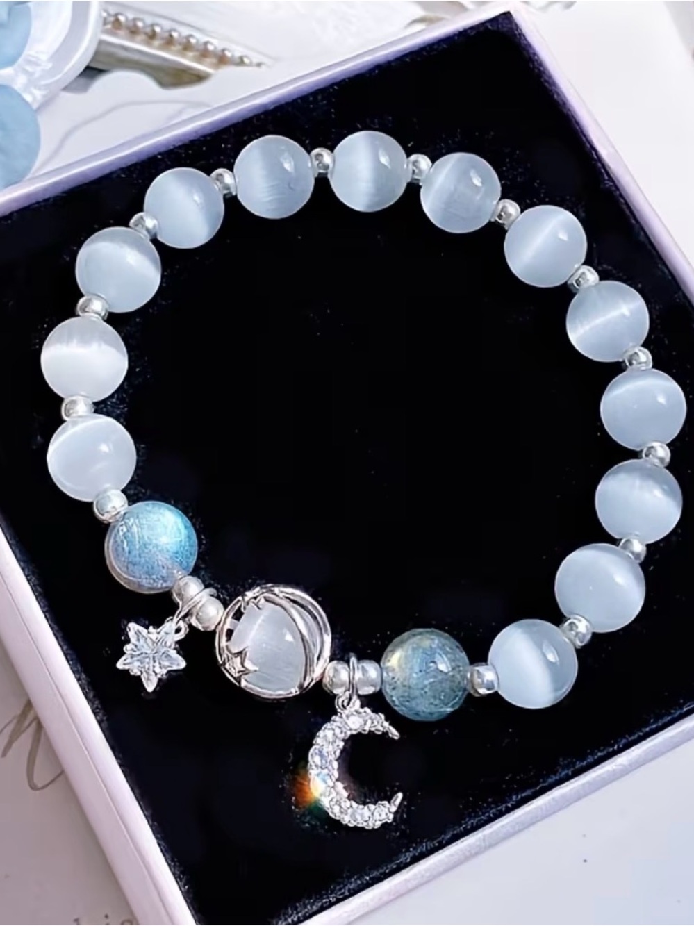 Gray Silver Moon & Star Bead Bracelet
